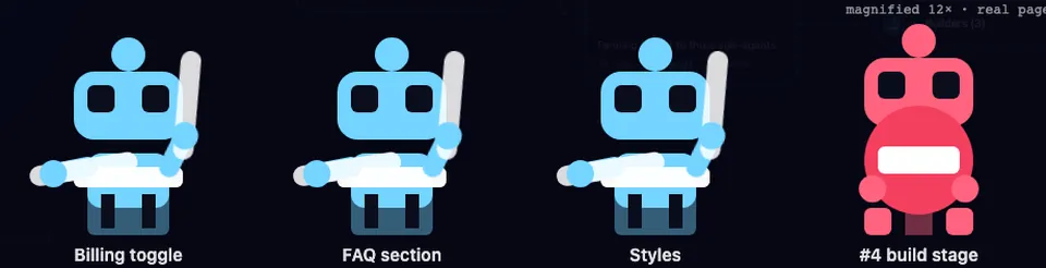 The build stage robot raises a red do-not-enter sign while three sub-agent robots keep drumming beside it.